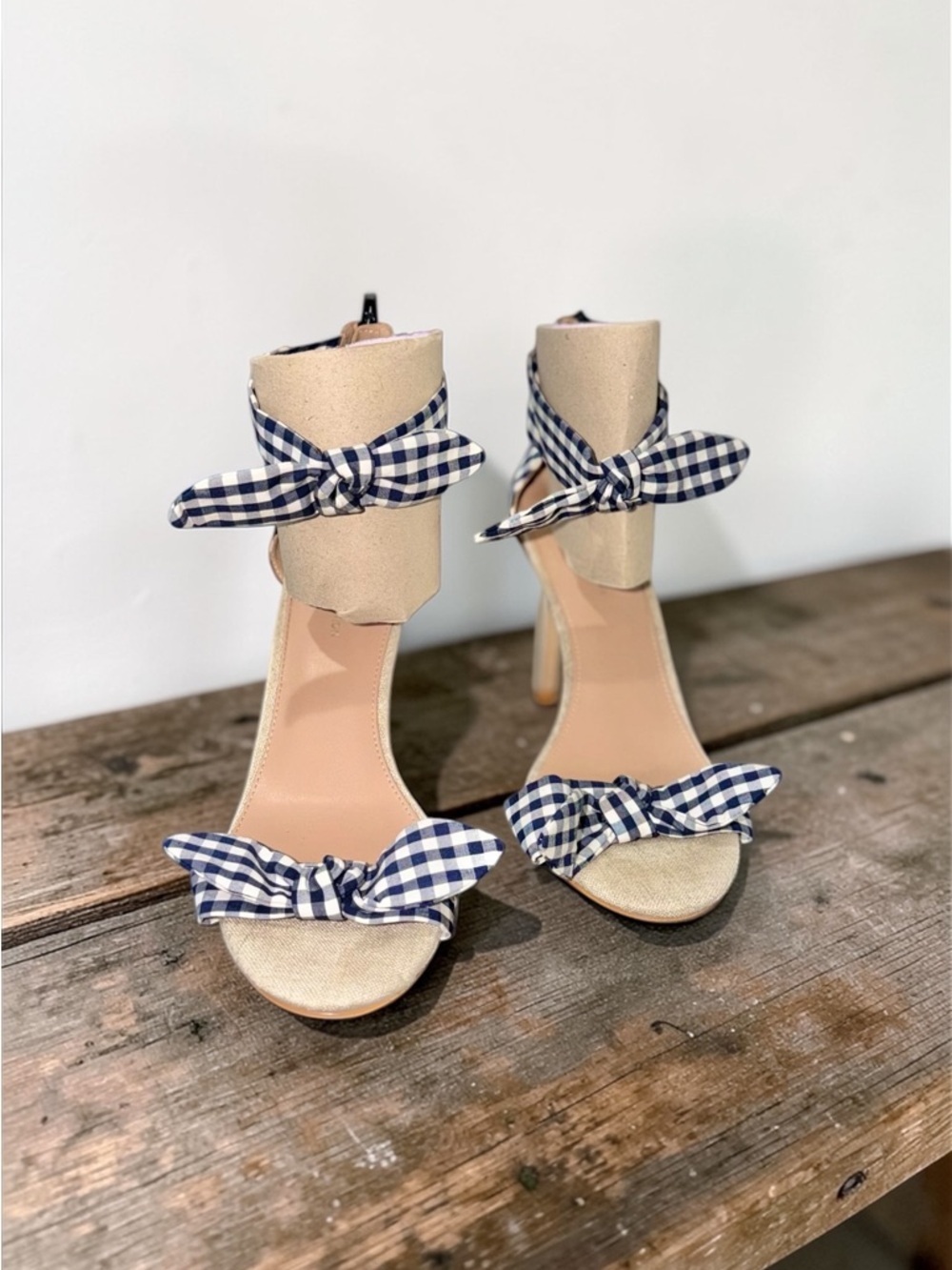 BCBGeneration Navy and White Gingham Bow Ankle-Tie Heels Size 11